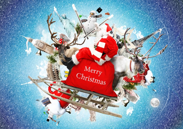 Santa Claus with reindeer and gifts around the world