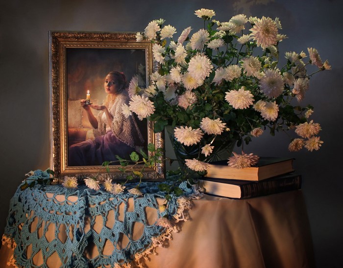 Still-life with chrysanthemums and a painting