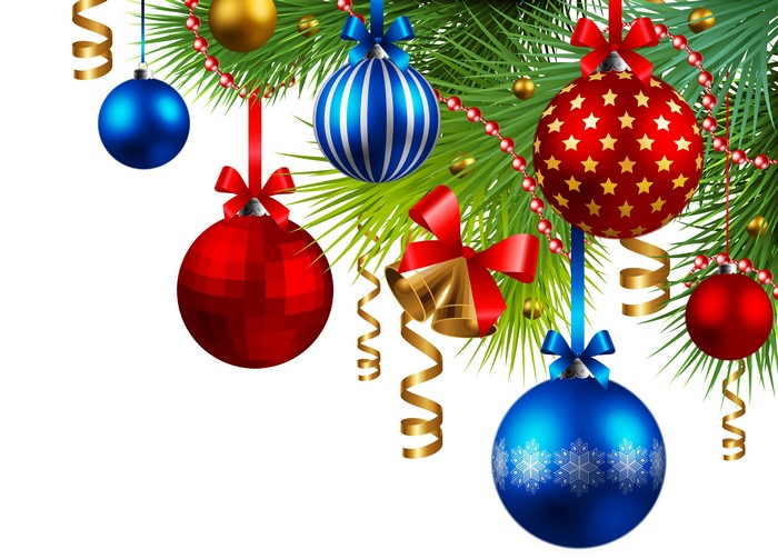 Christmas ornaments and bells on pine branches