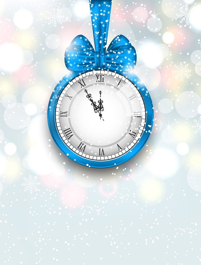 Christmas Clock with Blue Bow and Snow