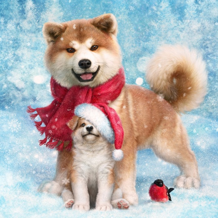 Two Akita dogs and a bullfinch in the snow