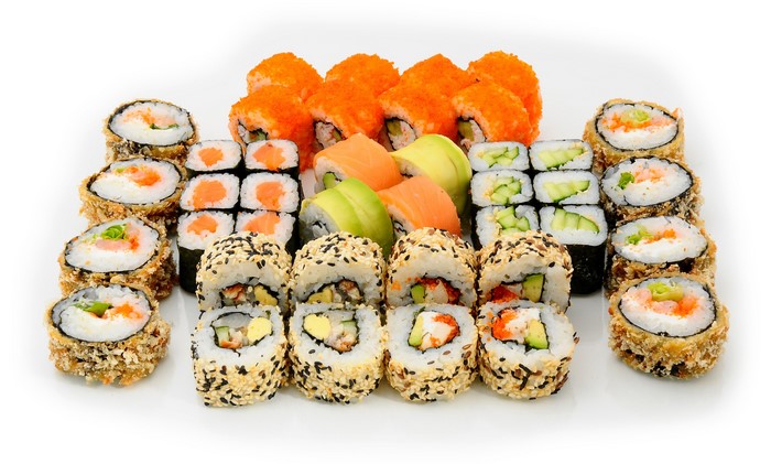 Assortment of Sushi Rolls on White Background