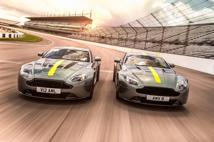 Two Aston Martin Vantage AMR cars on a race track