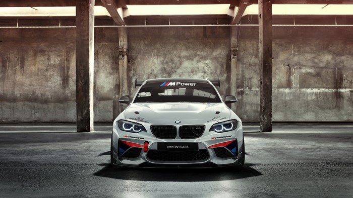 White BMW M2 Racing car with M Power banner
