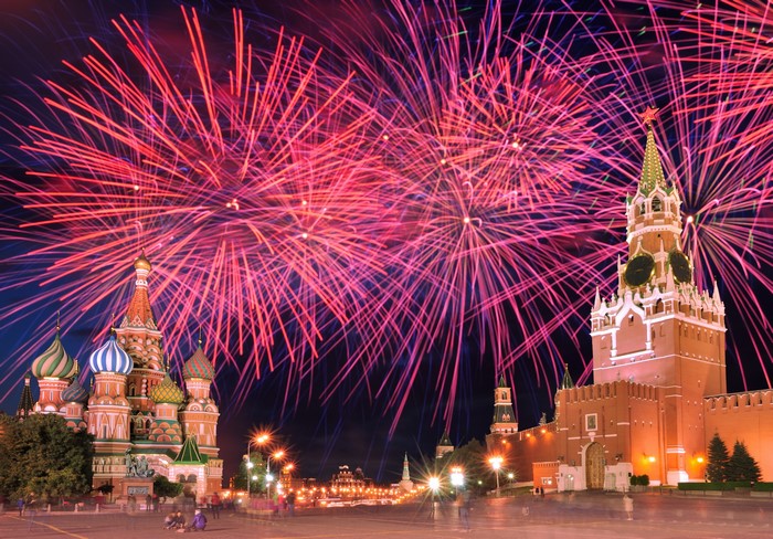 4K Fireworks over Moscow Kremlin and St. Basil's Cathedral