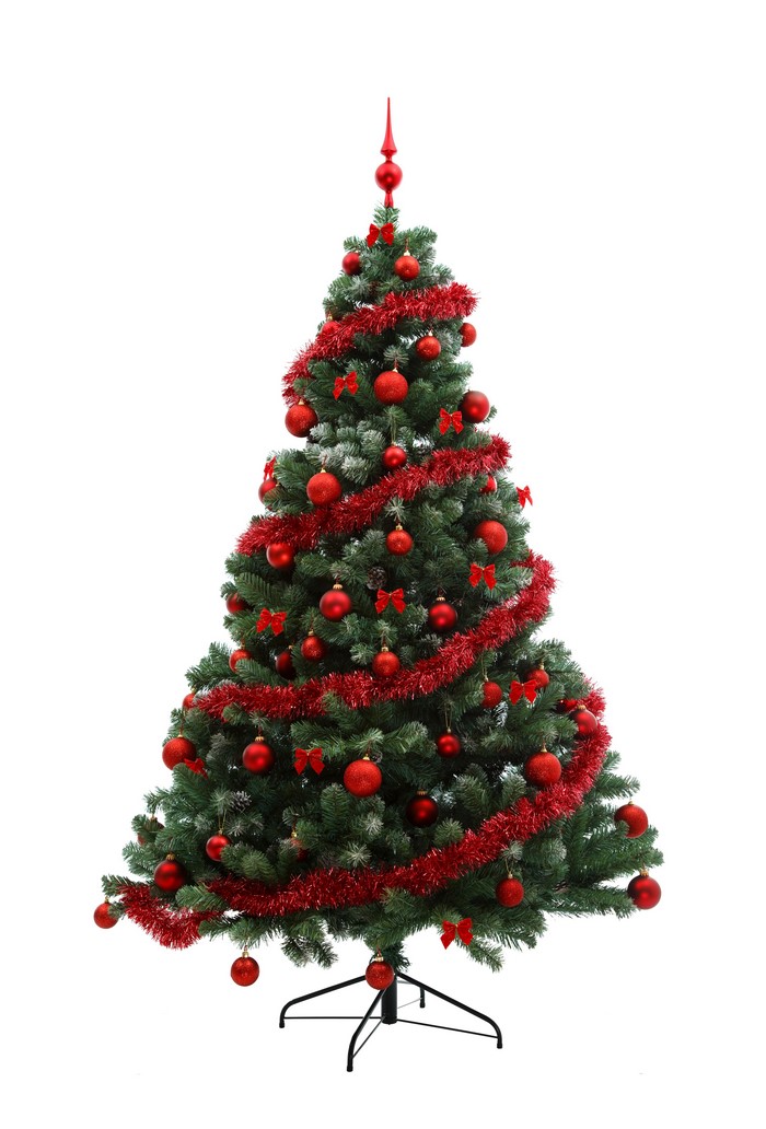 Decorated Christmas tree with red ornaments and tinsel
