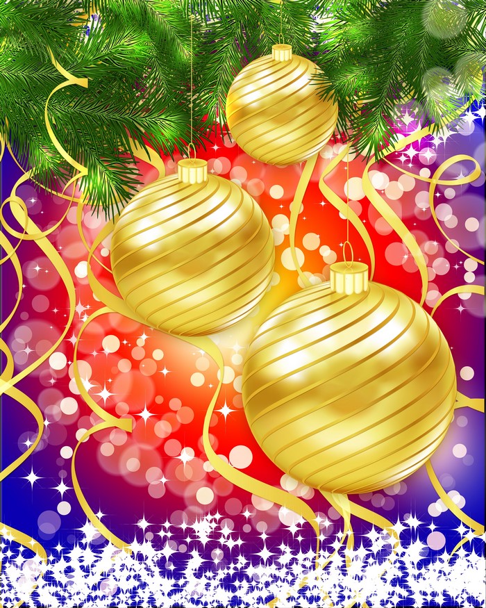 Christmas Branches with Golden Ornaments and Ribbons