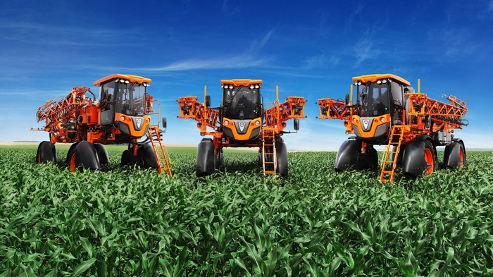 Three Jacto Uniport 4530 sprayers in a field