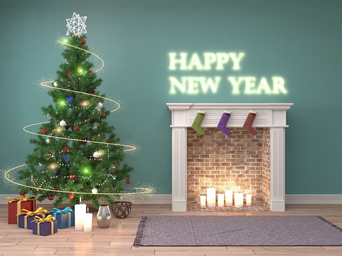 Christmas Tree and Fireplace with "Happy New Year" Neon Sign