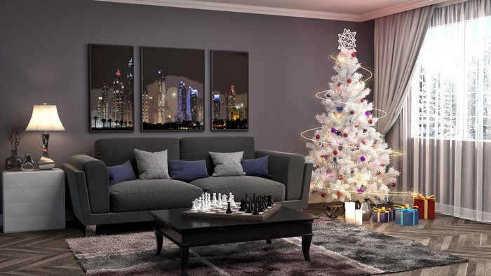 Living room with Christmas tree and chess set