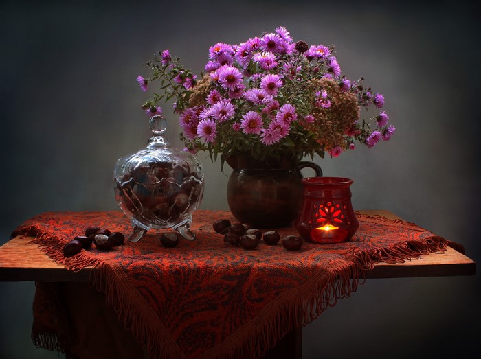 Still-life with Asters, Chestnuts, and Candle