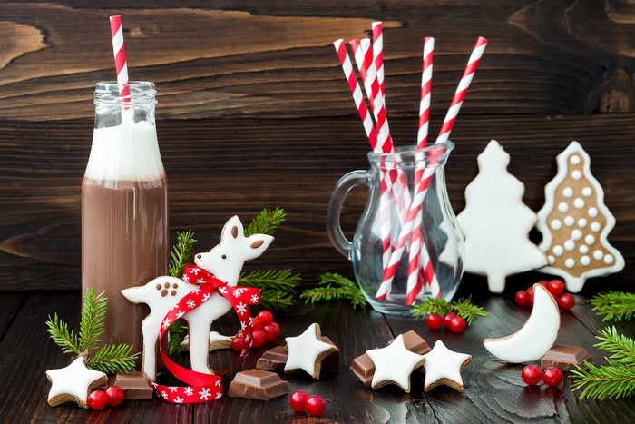 Christmas hot chocolate with cookies and decorations