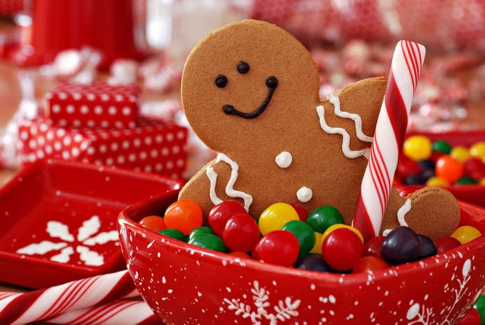 Christmas gingerbread cookie with candies and candy canes