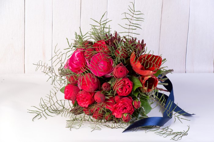 Red Roses and Tulips Bouquet with Navy Ribbon