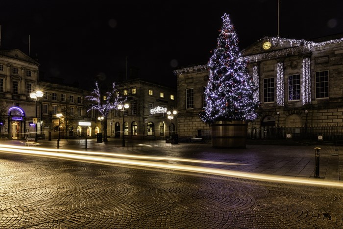 Stafford Christmas Tree and Town Square at Night