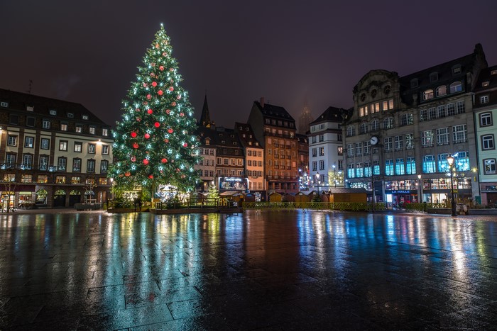 Christmas tree in Strasbourg town square at night