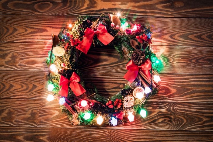 Christmas Wreath with Red Bows and Fairy Lights