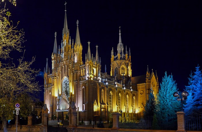 Cathedral of the Immaculate Conception at Night in Moscow