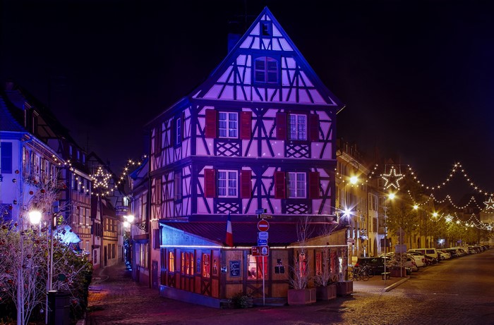 Colmar street at night with Christmas lights