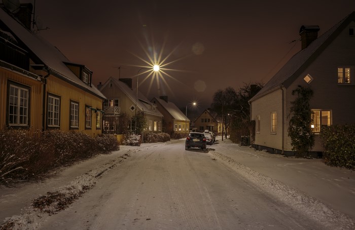 Street in Stockholm, Sweden during winter at night
