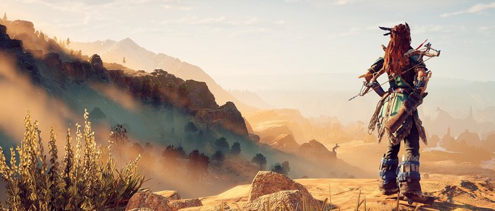 Aloy from Horizon Zero Dawn in a mountainous landscape