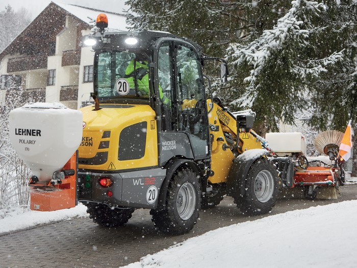 Wacker Neuson WL32 Street Sweeper Spreading Salt in Snow