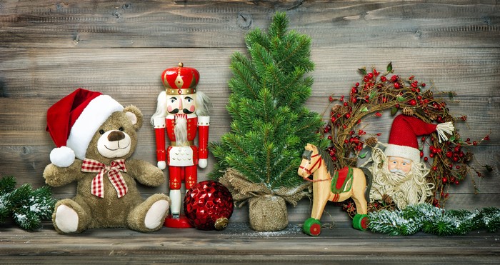 Christmas decorations with teddy bear, nutcracker, and Santa Claus