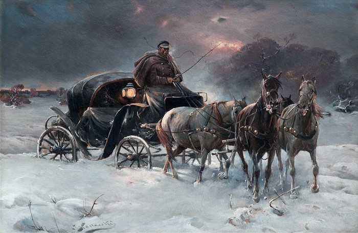 Alfred Kowalski-Wierusz painting of a carriage in winter