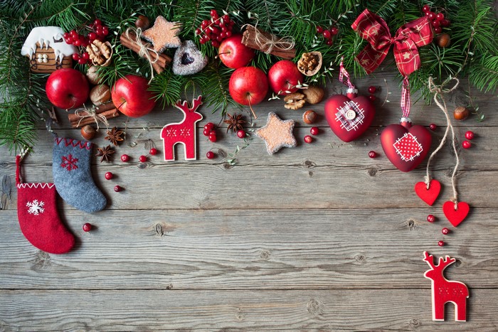 Christmas Decorations with Apples, Cookies, and Ornaments