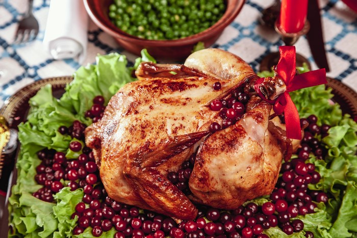 Roast Chicken with Cranberries and Lettuce