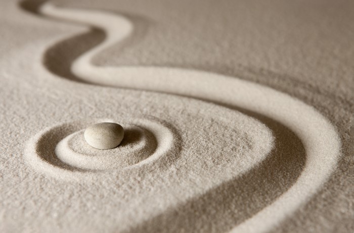 Zen garden with stone and sand ripples