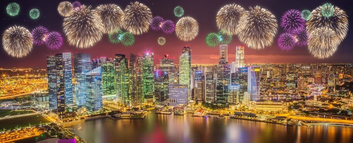 Singapore Skyline with Fireworks at Night