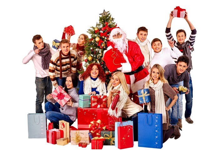 Group of people with Santa Claus and Christmas tree
