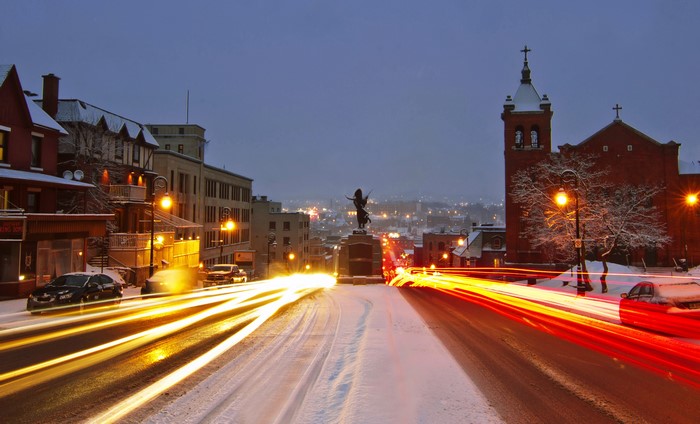 Sherbrooke, Quebec at Dusk in Winter with Light Trails