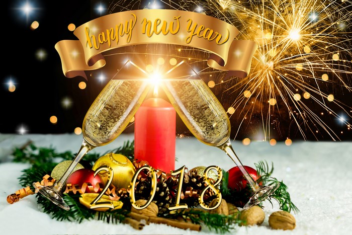 Happy New Year 2018 Champagne Toast with Fireworks