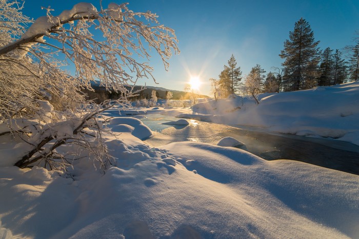 Winter river at sunrise with snow-covered branches