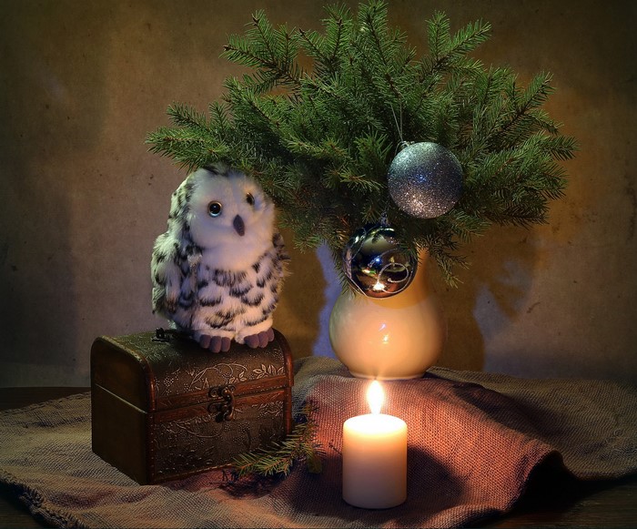 Christmas owl figurine on a chest with a candle and tree branches