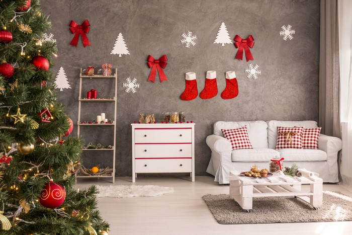 Christmas Interior with Tree, Sofa, and Decorations