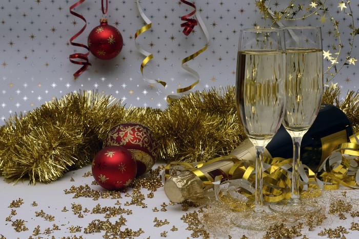 Champagne glasses and Christmas decorations