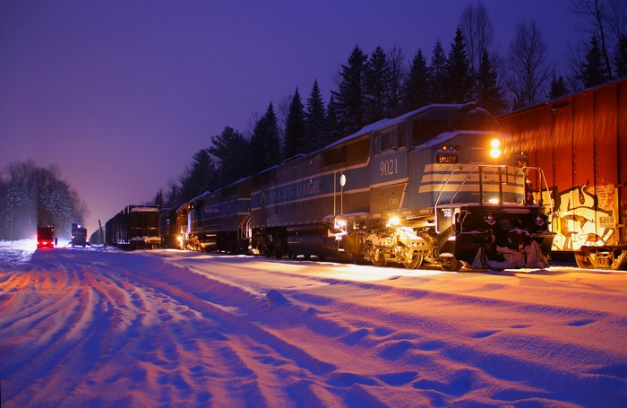 4K Winter Train Locomotive in Snow at Night