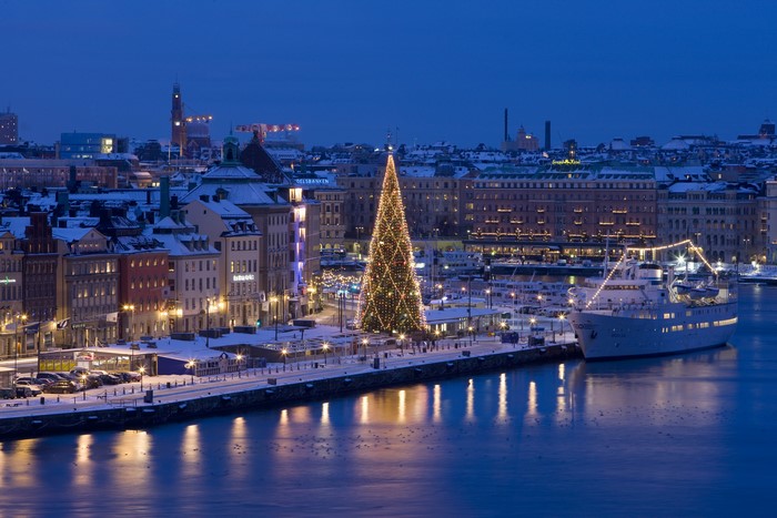Stockholm Christmas Tree and Ship at Dusk