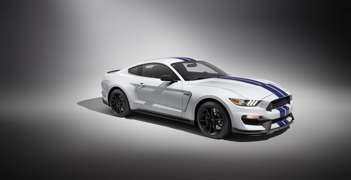 White Ford Mustang GT350 Shelby with Blue Stripes