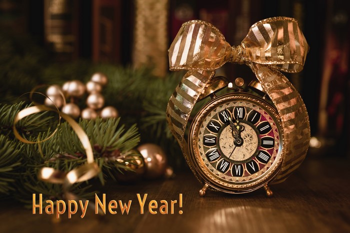 Happy New Year alarm clock with Christmas decorations