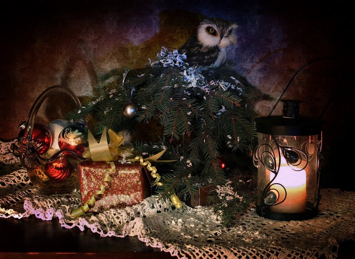Christmas still life with owl, gifts, and lantern
