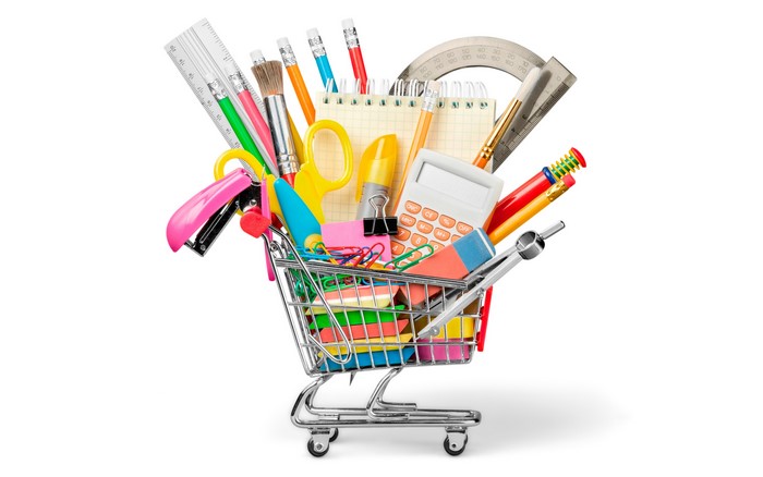 Shopping cart filled with stationery supplies