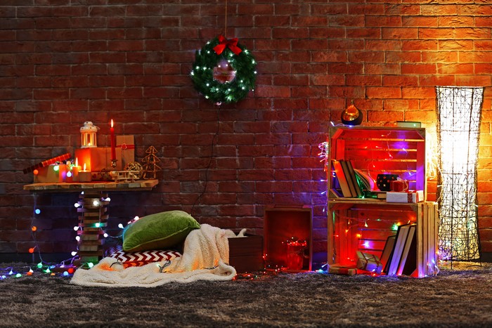 Christmas Decorations with Fairy Lights and Books