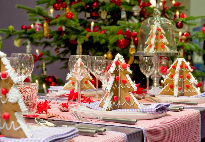 Christmas Table Setting with Gingerbread Trees and Ornaments