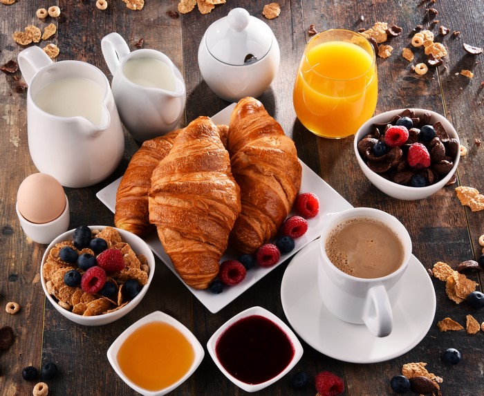 Breakfast with Croissants, Coffee, Juice, and Berries