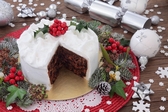 Christmas cake with holly and berries