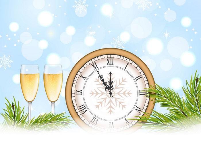 New Year's Eve Clock with Champagne and Pine Branches